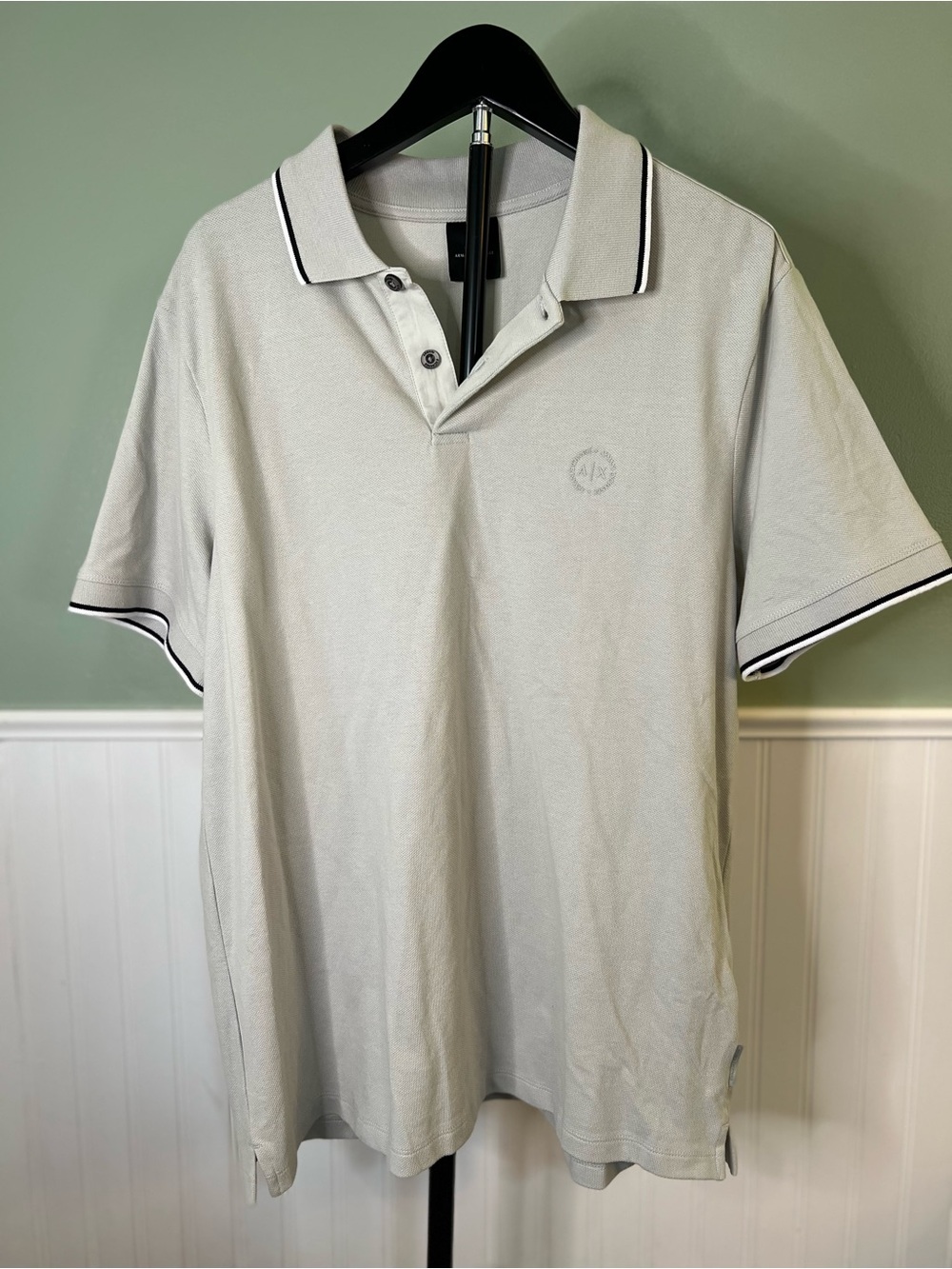 Mens A/X Armani Exchange Light Gray Short Sleeve Polo w/ Black Trim. Size L